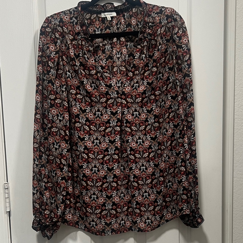Max Studio Black Blouse with Red and Cream Floral Paisley